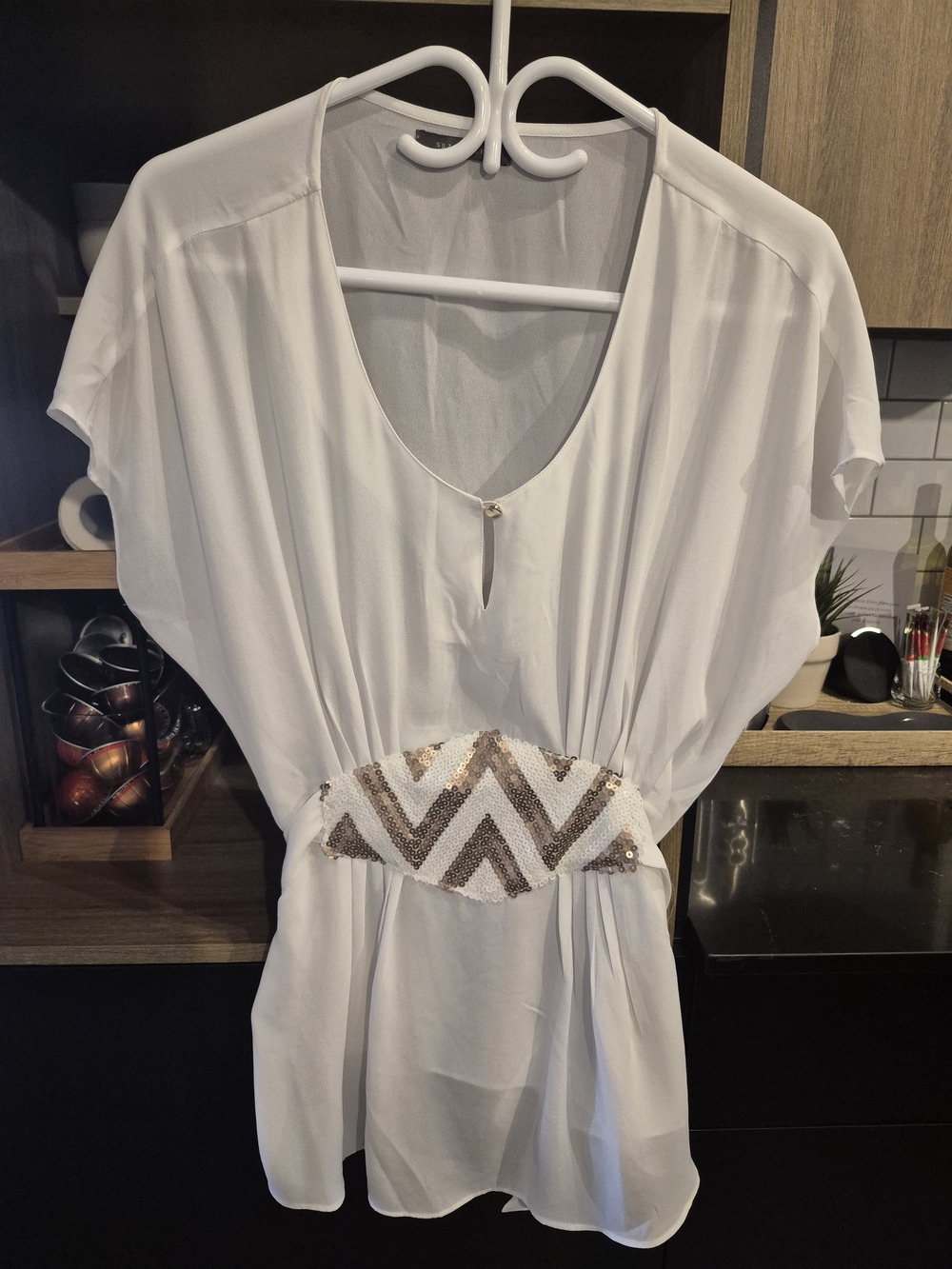 Suzy Shier White Blouse with Gold Sequin Chevron Waist